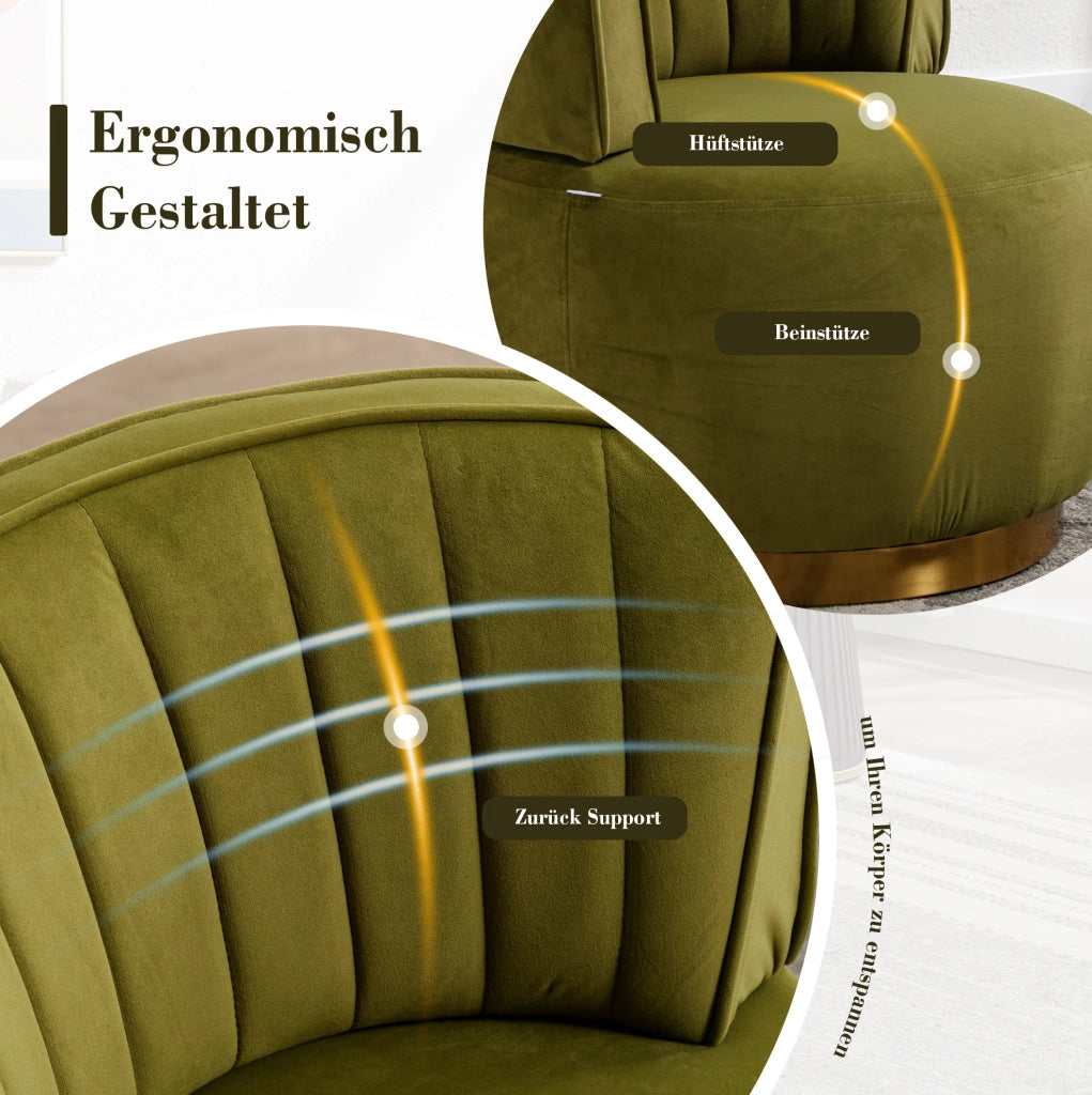 Poltrona girevole a 360° in velluto verde oliva; con schienale ergonomico; 62;5 x 62 x 69;5 cm