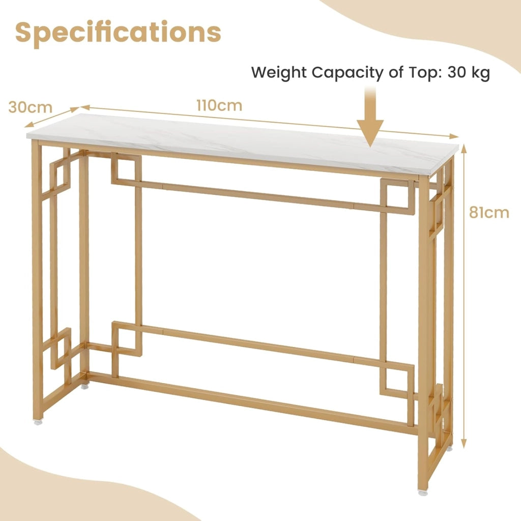 Tavolo Consolle Stretto di Ingresso Moderno con Base Dorata e Piano in Marmo Imitazione con Dispositivo Antiribaltamento per Soggiorno, Ingresso, Corridoio, Bianco e Oro, 110 x 30 x 81 cm
