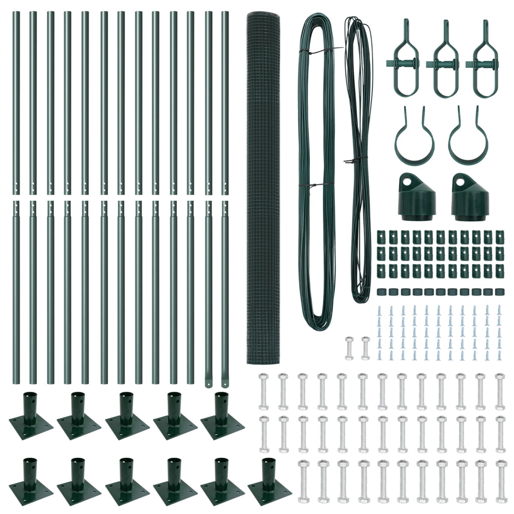 Recinzione in rete saldata con 13 pali flangiati Verde 1.5x25 m Acciaio