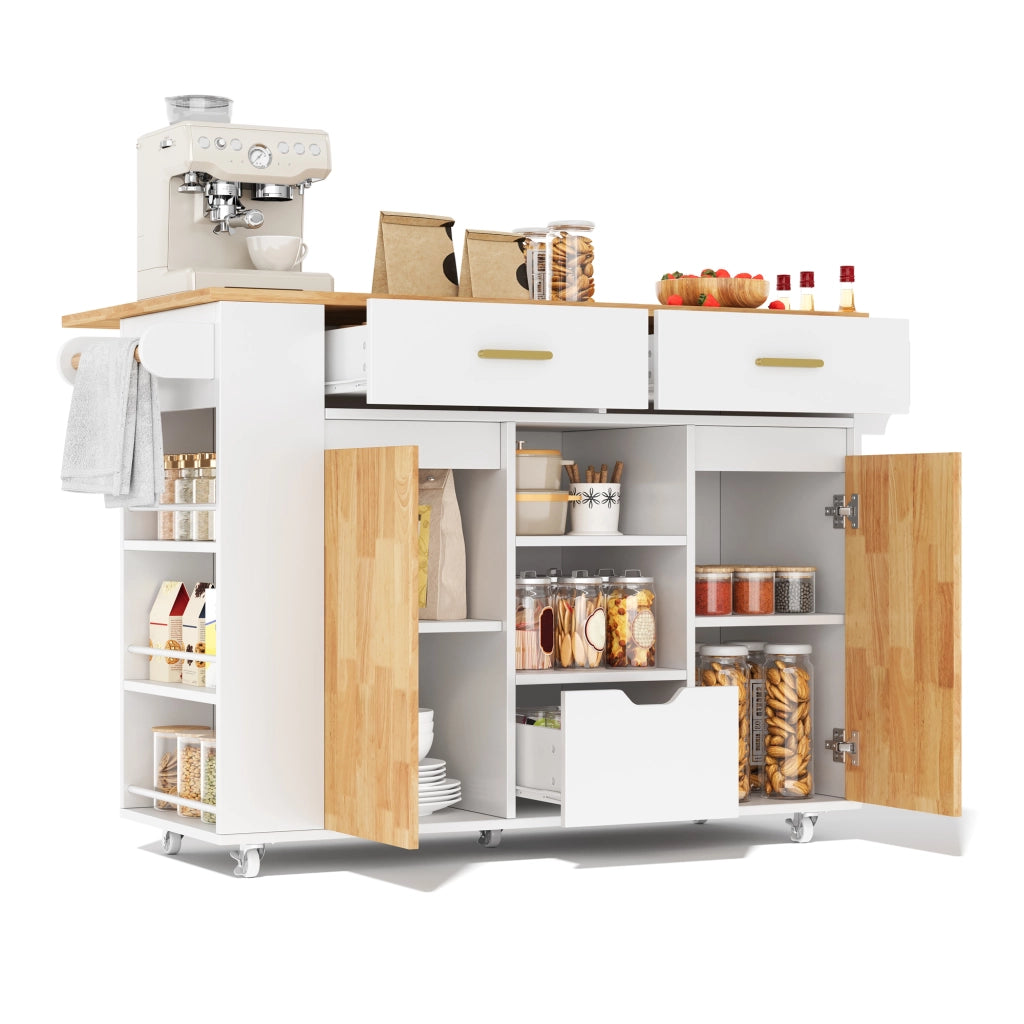 Mobile contenitore da cucina con 3 cassetti; 3 vani e ruote frenanti in MDF bianco