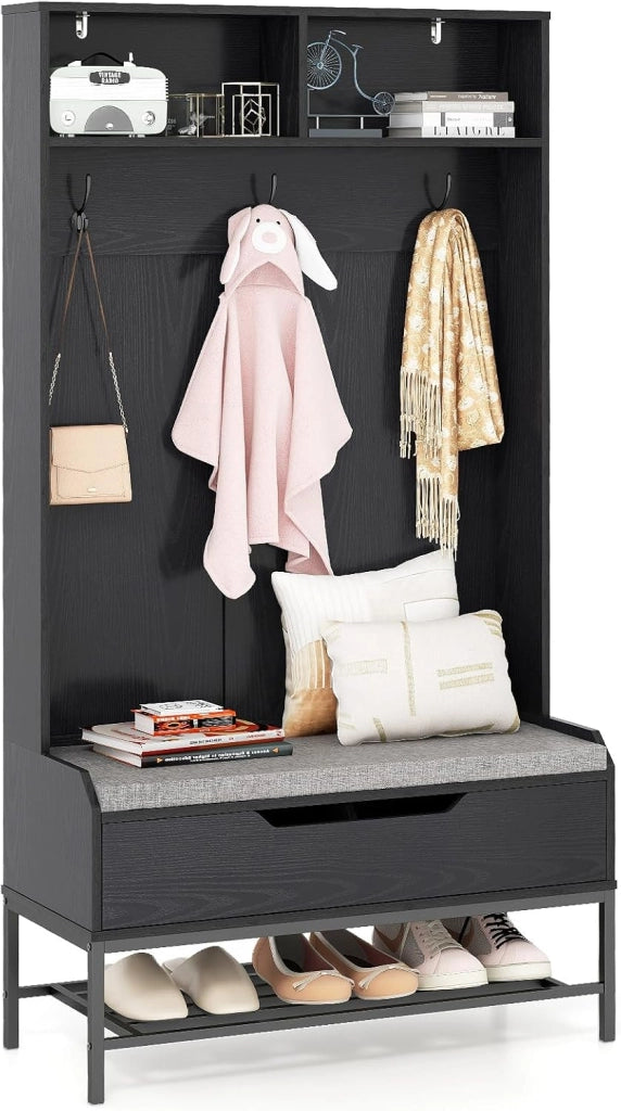 4 in 1 Appendiabiti da Ingresso, Armadio con Appendiabiti Multifunzionale, con Panca Cuscino e Ganci, Panchina per Ingresso, 90 x 38,5 x 170 cm (Marrone)