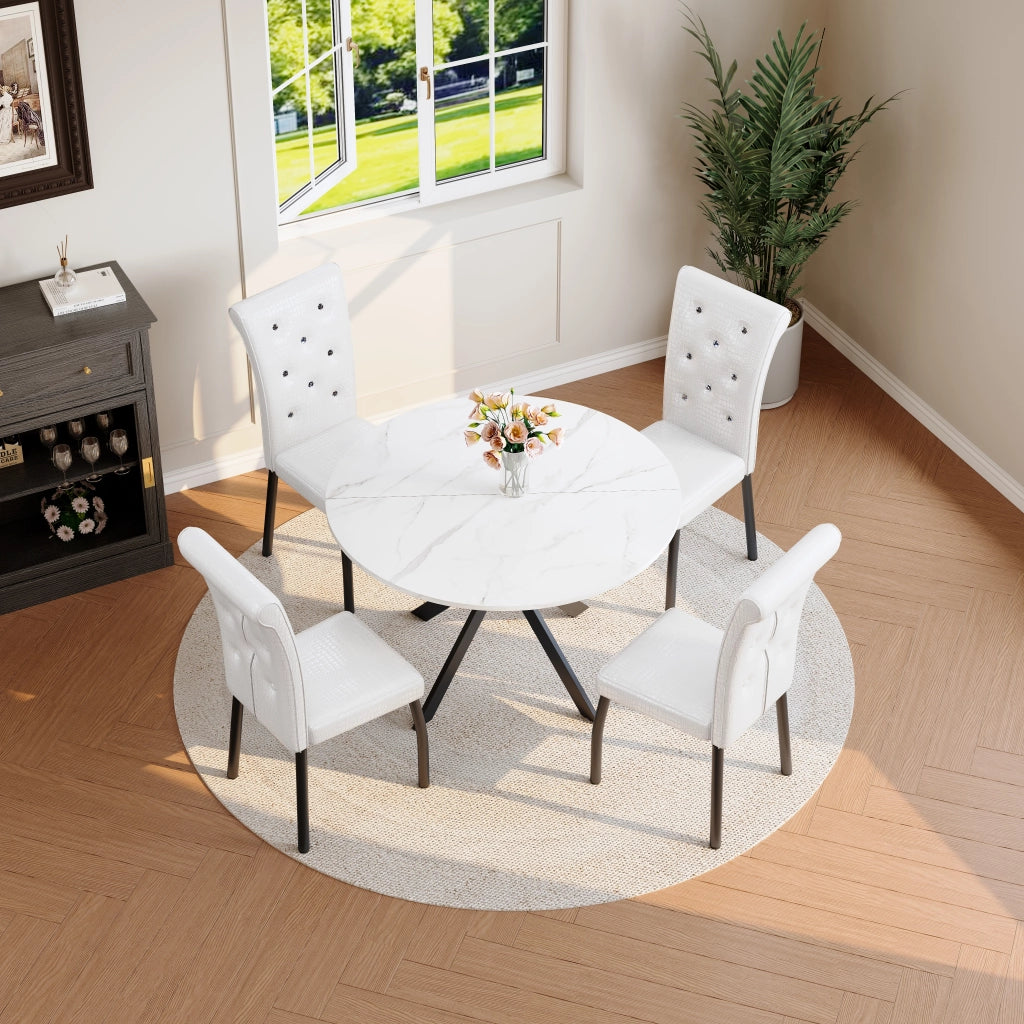 Tavolo da Pranzo Rotondo Effetto Marmo con 2 Sedie Bianche ¨C MINIMAL ¨C Gambe in Metallo, Ecopelle