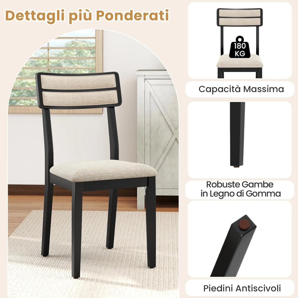 Set di 2 Sedie da Pranzo Moderne, Sedie Cucina in Tessuto con Schienale Inclinato, Gambe in Legno di Gomma e Seduta mbottita, Portata 180 kg, Ideale per Sala da Pranzo, Soggiorno (Nero)