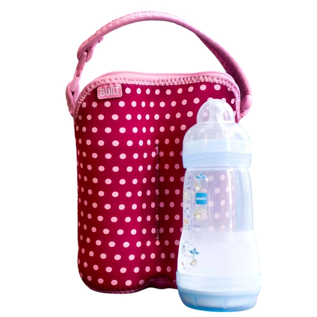 Borsa termica con cerniera per due biberon, motivo a pois, con tracolla rimovibile Rosa Built