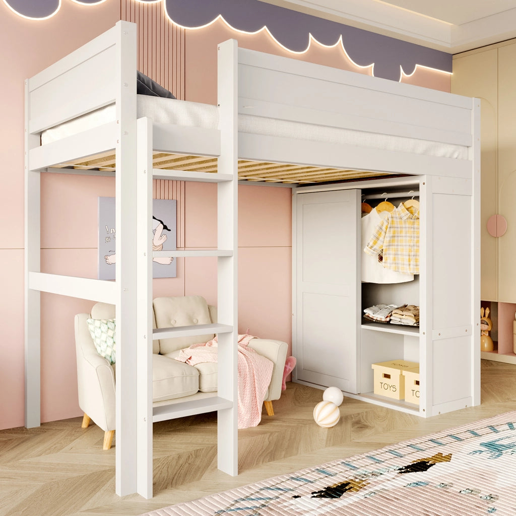 Letto a castello bianco in pino con armadio integrato funzione contenitore e dimensioni 90x200 cm
