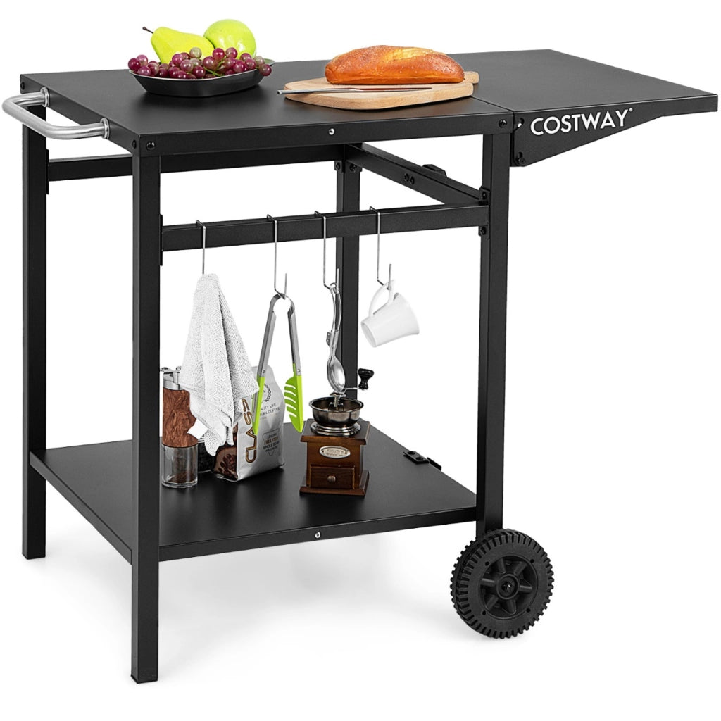 Carrello da pranzo con 4 ganci 2 ruote direzionali, Carrello di preparazione per forno da pizza e barbecue Nero-Carrelli