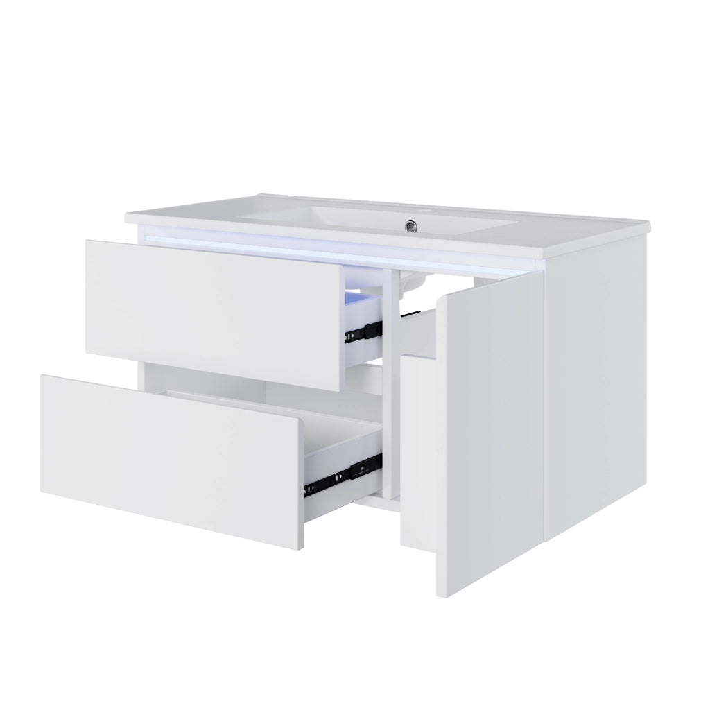 Mobile bagno sospeso con lavabo in ceramica, 91,5 ¡Á 46,5 ¡Á 50,5 cm, bianco, con 2 cassetti e luce LED con sensore radar
