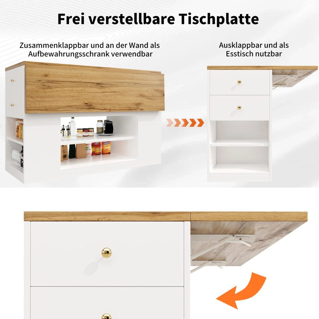 TAVOLO Isola cucina pieghevole 140x70x90 cm MDF bianco