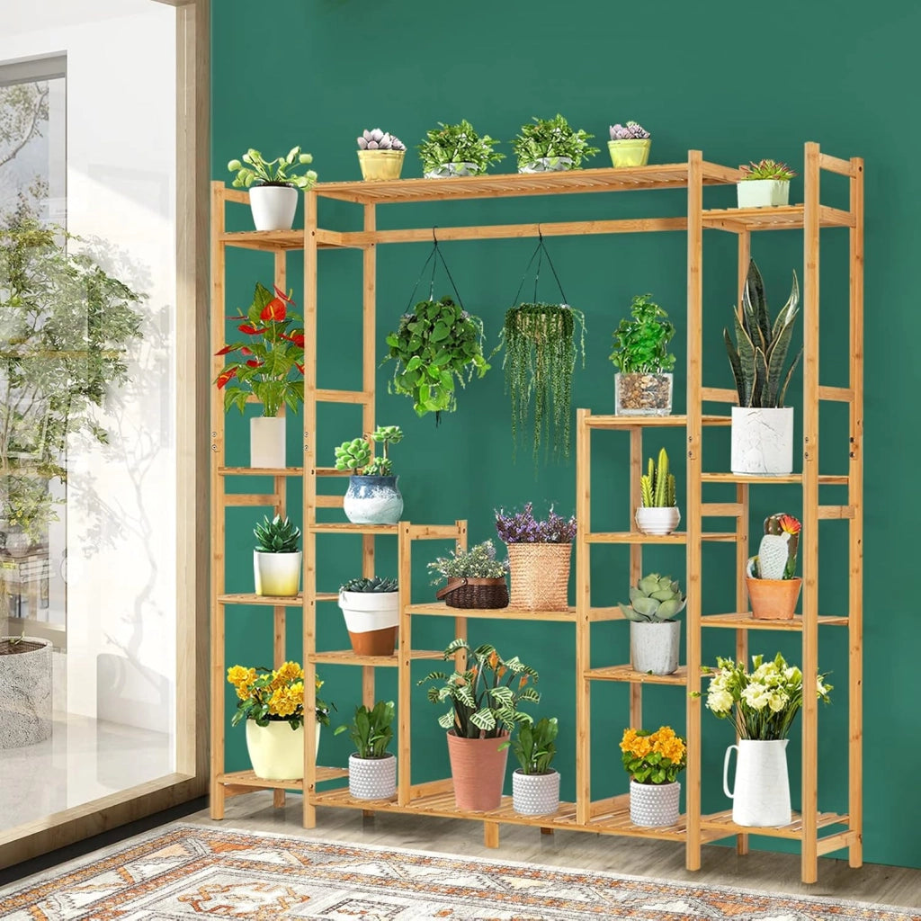Scaffale per Piante in Bambù a 9 Livelli, Porta Fiori da Interno ed Esterno, Porta Vasi 2 in 1 con Barra e Dispositivo Antiribaltamento, 167 x 30 x 166 cm