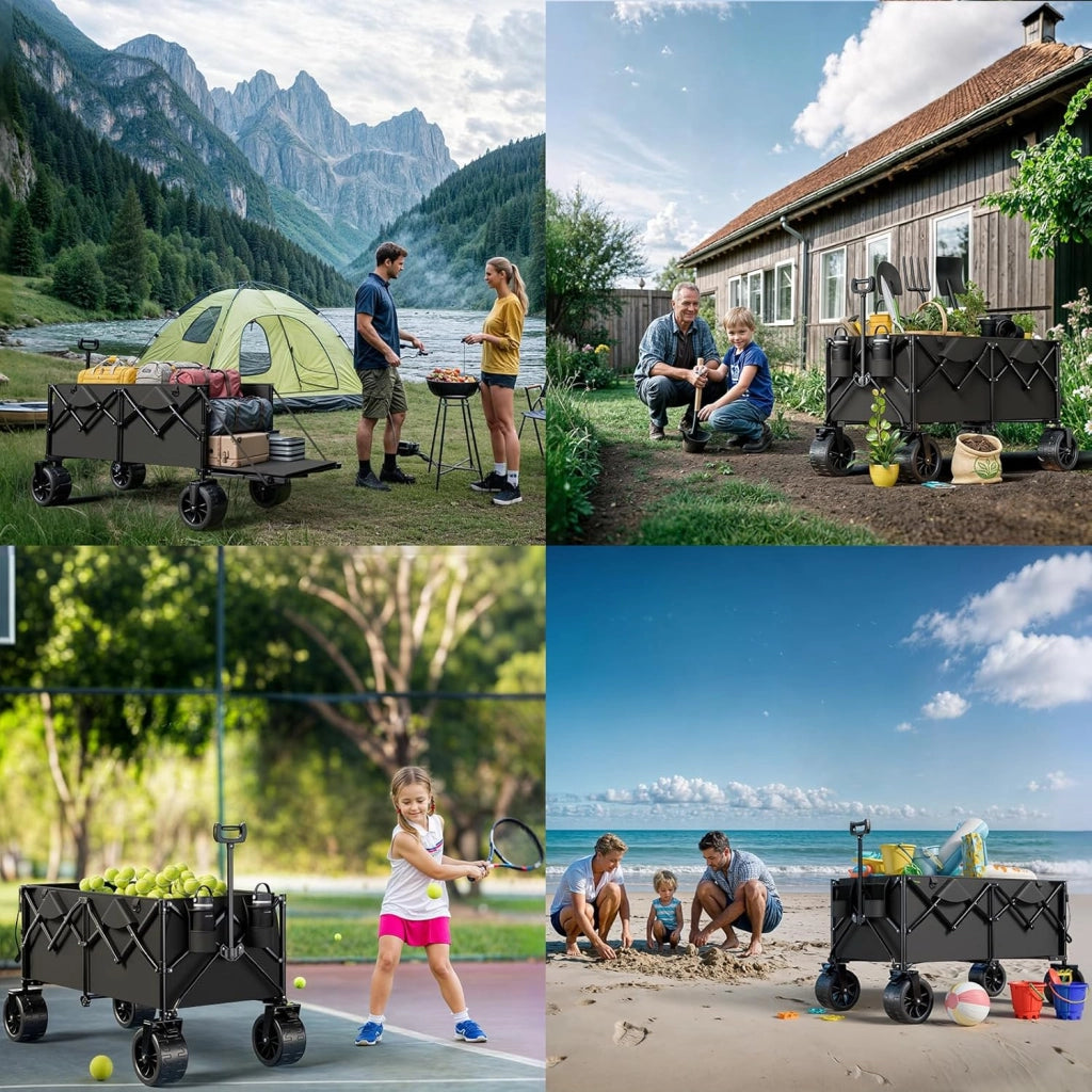 260L carrello spiaggia 200kg carrello con ruote portatutto grandi,carrellos pieghevole Con Braccioli Regolabili e Tasche Laterali per Giardino Campeggio all'aperto Ogni Tipo di Terreno, Nero