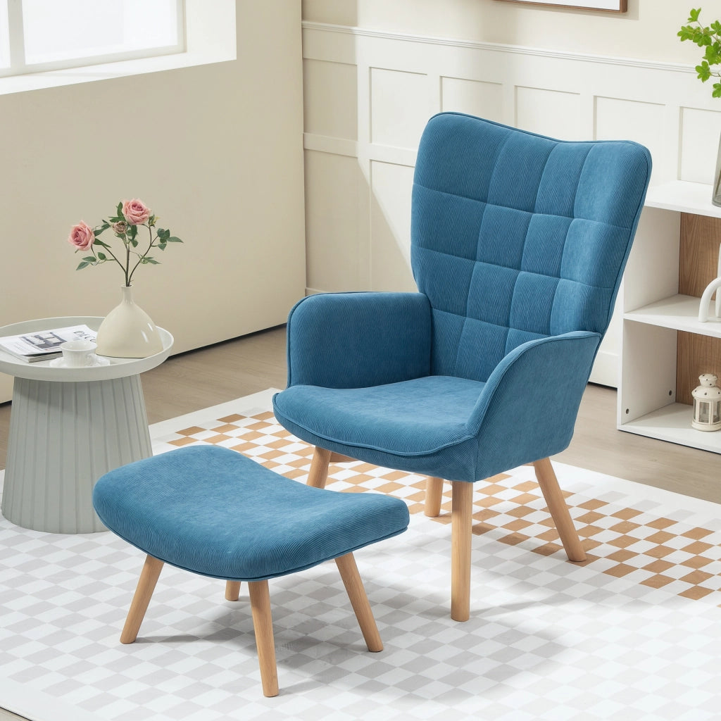 Poltrona Relax con Poggiapiedi in Cord ¨C Zephmum ¨C Blu, Gambe in Legno