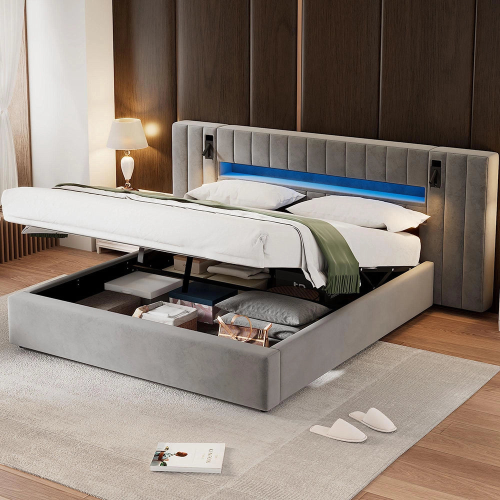 Letto-Xylo-180x200 cm-USB, LED, lampada, spazio idraulico, velluto grigio