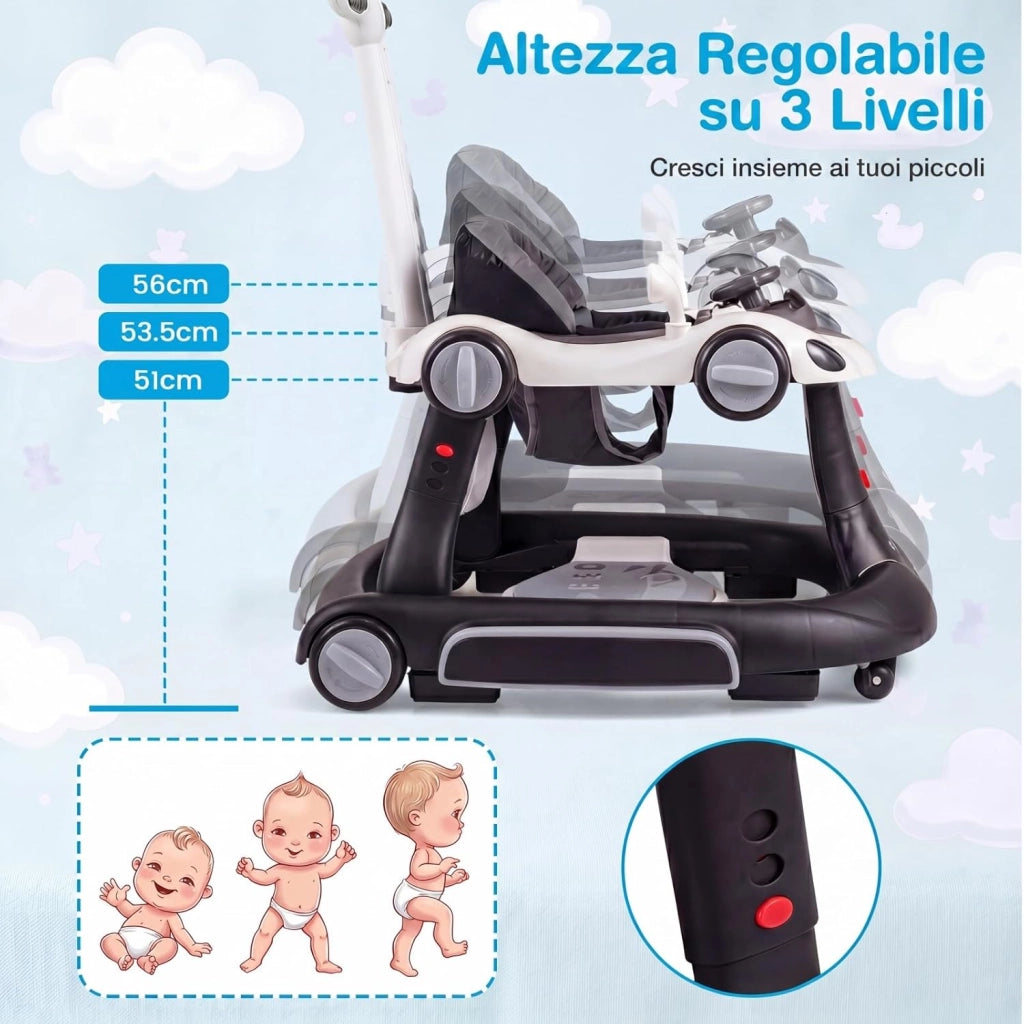 Girello per Bambini 6-in-1 Evolutivo, Centro Attività Pieghevole con Maniglia, Regolazione Altezza/Velocità, con Musica, Luci Tenda, per Neonati 6-18 Mesi (Nero+Bianco)