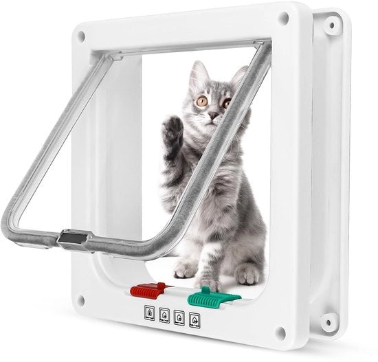 Corona d'oro - Porta gattai - Porta per animali con chiusura a 4 vie - Libertà per animali domestici - Bianco - Porta per animali per gatti e cani - Adatto per piccoli animali