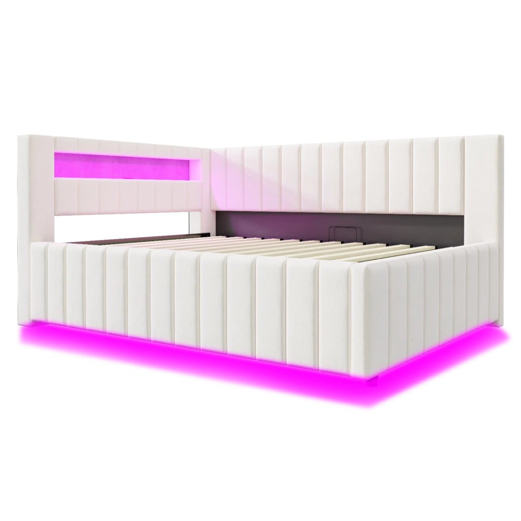 Letto Contenitore 140x200 cm; con LED e USB; in Velluto Beige; con Testiera e Schienale