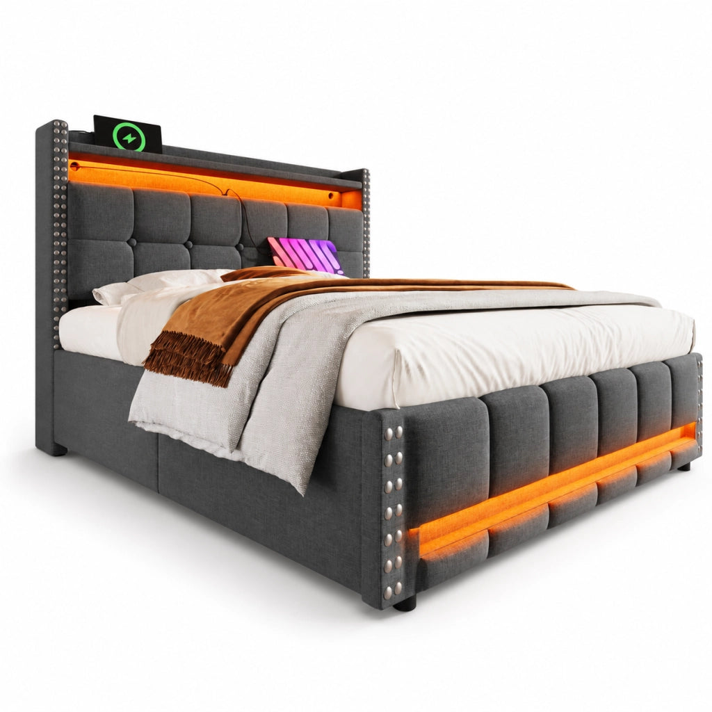 Letto imbottito 160x200 cm con contenitore; LED e USB in tessuto di lino grigio