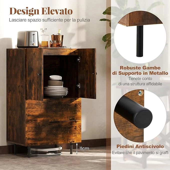 Credenza da Cucina, Armadio a 2 Ante con Cassetti e Mobile Contenitore, Mobile Cucina da Pavimento con Gambe in Metallo per Soggiorno e Appartamento, 60 x 41,5 x 102 cm (Marrone)