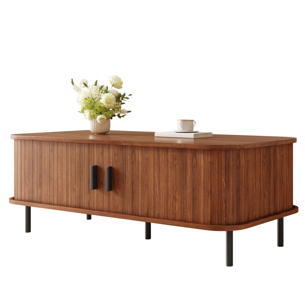 Tavolino da salotto 120x55x45 cm con ante scorrevoli; vano contenitore; MDF e pannello truciolare; noce