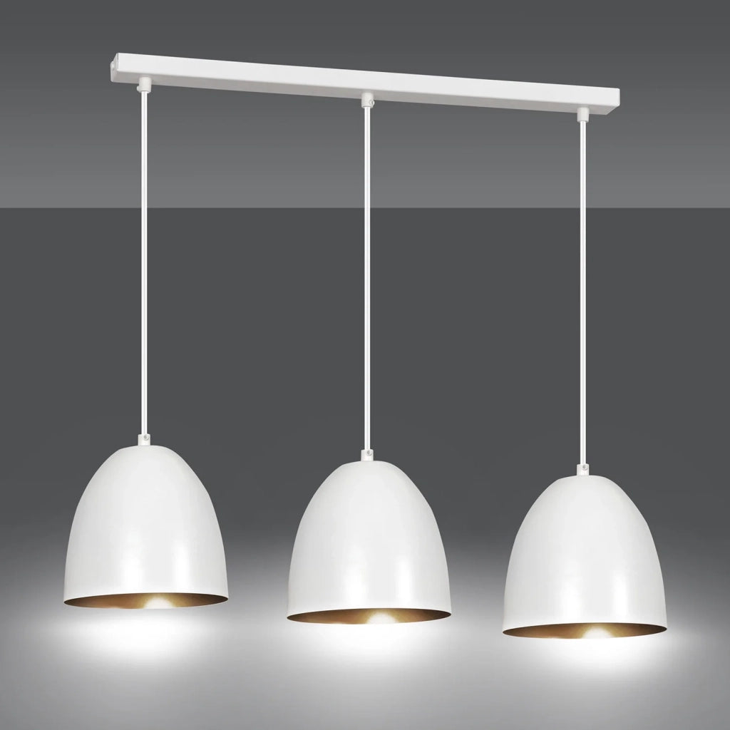 Lampadario 3 Luci Reartù In Acciaio Bianco Con Cupole In Nero E Oro