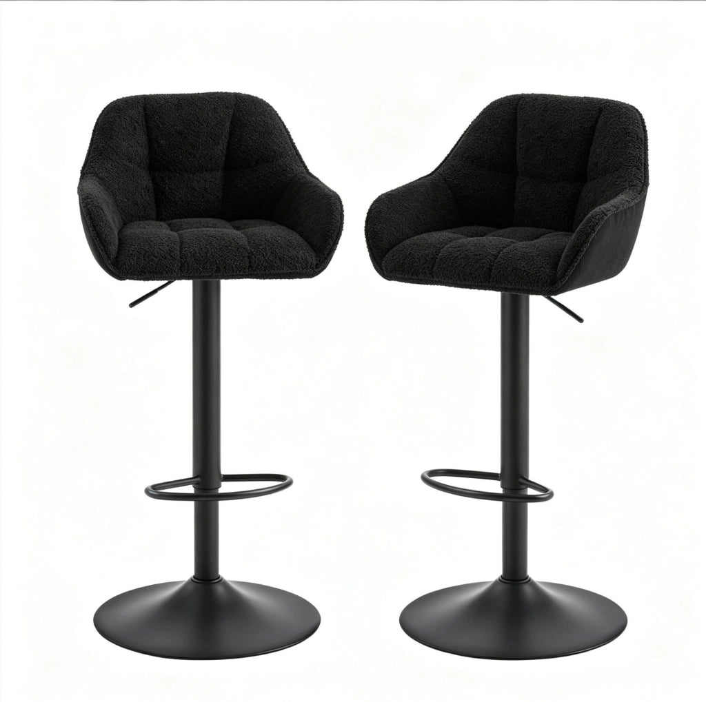 Set di 2 Sgabelli da Bar Girevoli in Chenille e Velluto, Altezza Regolabile, Nero