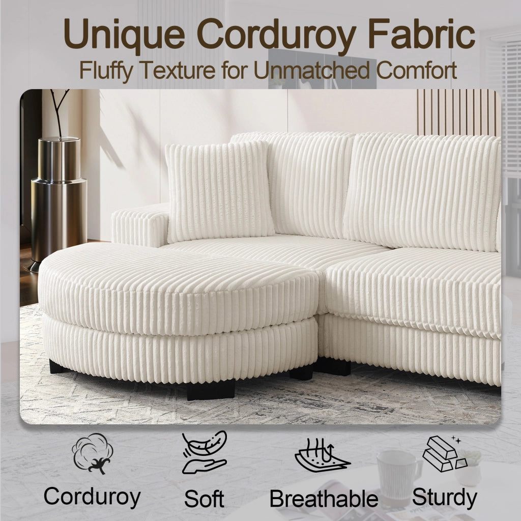 Divano angolare modulare 4 posti con pouf ovale reversibile e 2 cuscini in corduroy beige per soggiorno