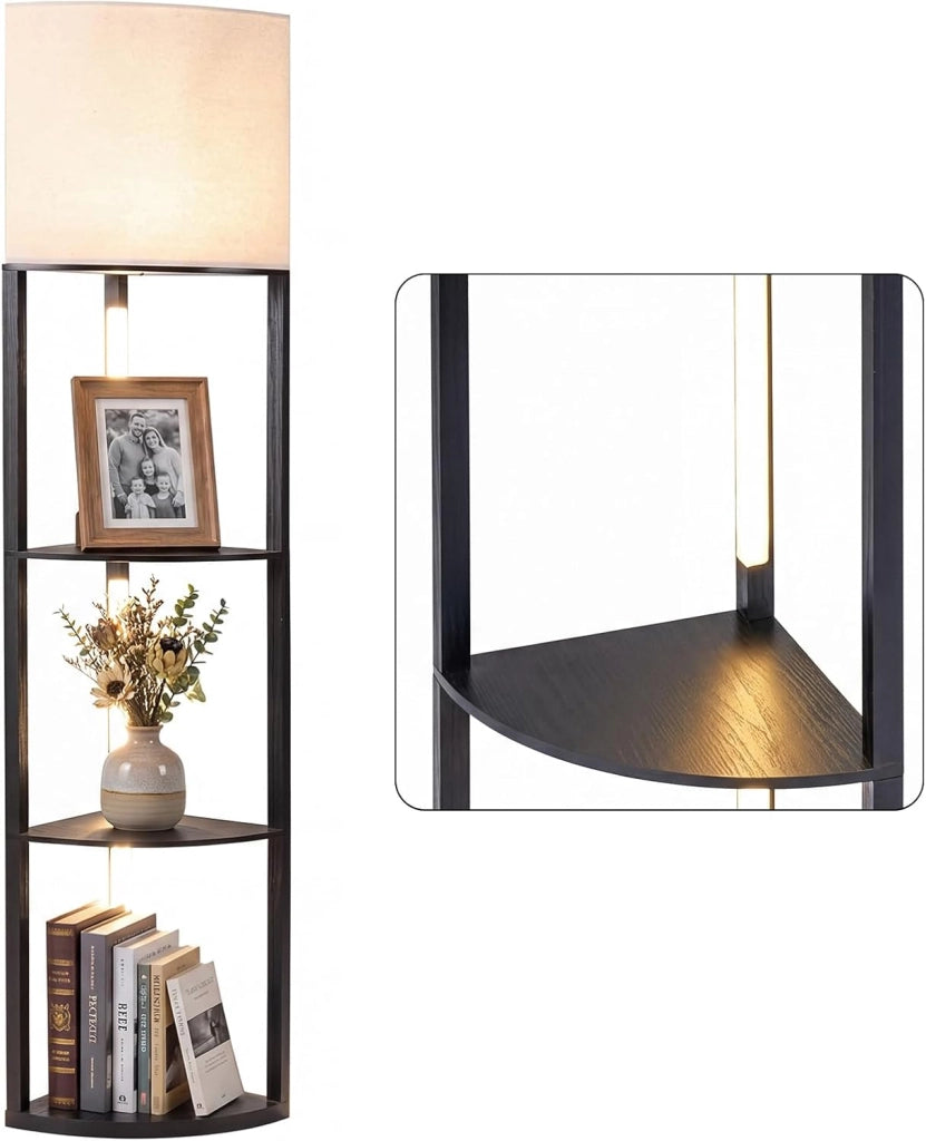 Lampada da Terra Angolare con Mensole, Scaffale a 3 Ripiani con Luci LED Dimmerabili, Paralume in Lino e Interruttore a Pedale, Piantana da Terra per Camera da Letto, Salotto e Studio