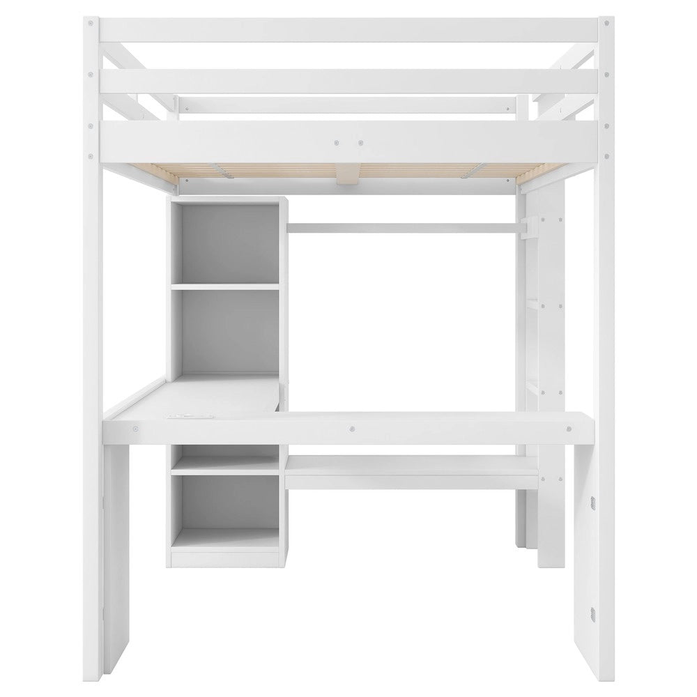 Letto a Soppalco con Scrivania, Scaffale, LED e USB ¨C Xylo ¨C Bianco 140x200