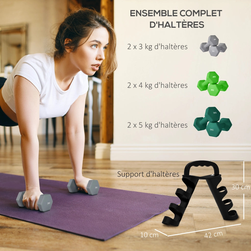 Set manubri esagonali ¨C zephmum ¨C 2x3kg, 2x4kg, 2x5kg con supporto