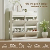 Scarpiera Slim in Legno con 4 Cassetti a Ribalta e 2 Cassetti Scorrevoli, 98x19.2x95.3 cm, Bianco