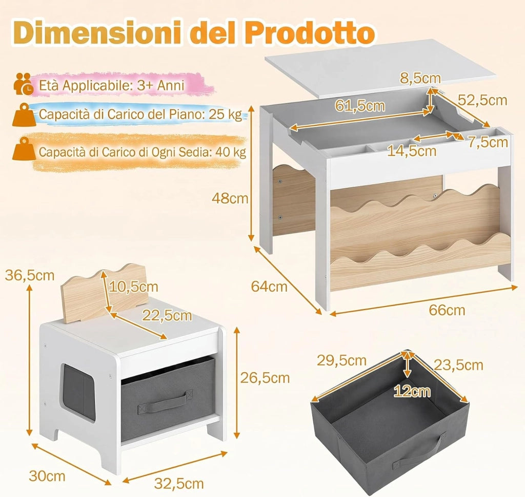 4 in 1 Set Tavolo e 2 Sedie per Bambini 3+ Anni (Naturale e Bianco) | Tavolo e Sedie con Lavagna Rimovibile, Sedia con Cassetto in Tessuto, Mobile in Legno Versatile per Cameretta e Soggiorno