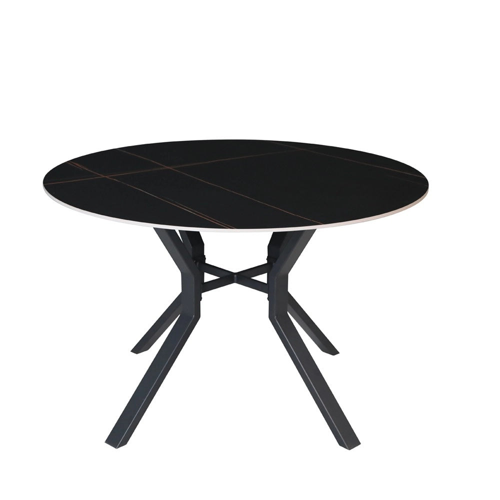 Tavolo rotondo fisso Aurora con piano in ceramica nero opaco con venature oro e struttura in metallo nero
