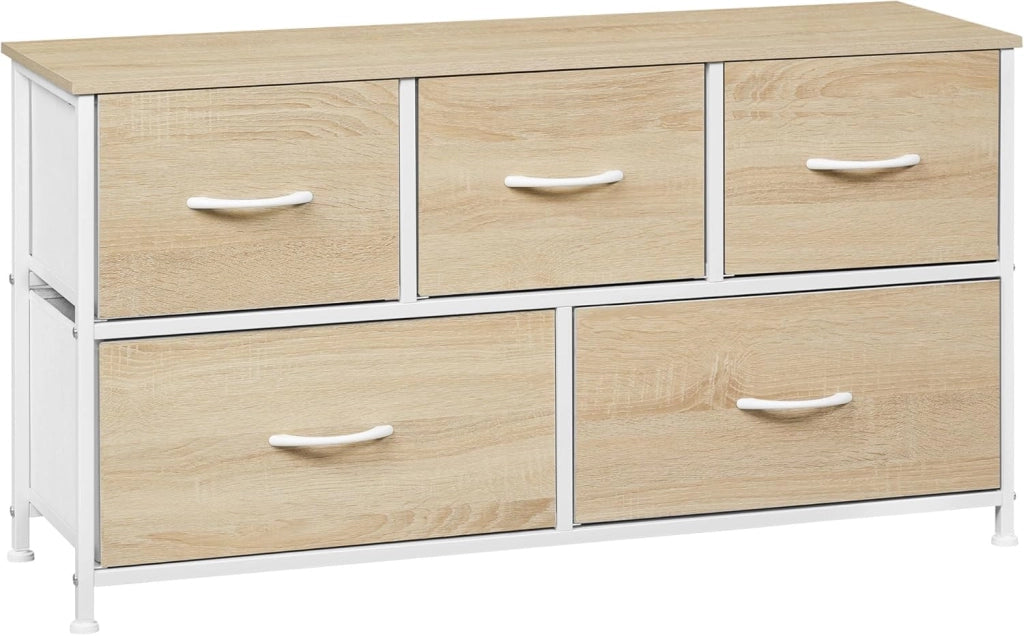 Cassettiera Camera da Letto, Cassettiera con 5 Cassetti a 2 Livelli in Tessuto, Mobile con Cassetti Industriale, Struttura in Metallo e Legno, Marrone Rustico, 100x30x54cm, SSK005hov