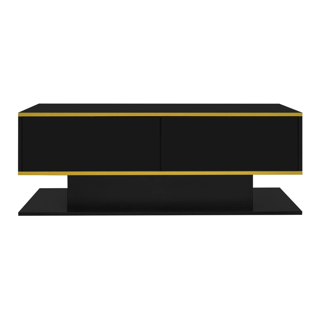 Tavolino da caffè moderno 100x50x40 cm nero con finiture oro, 3 cassetti e striscia LED USB