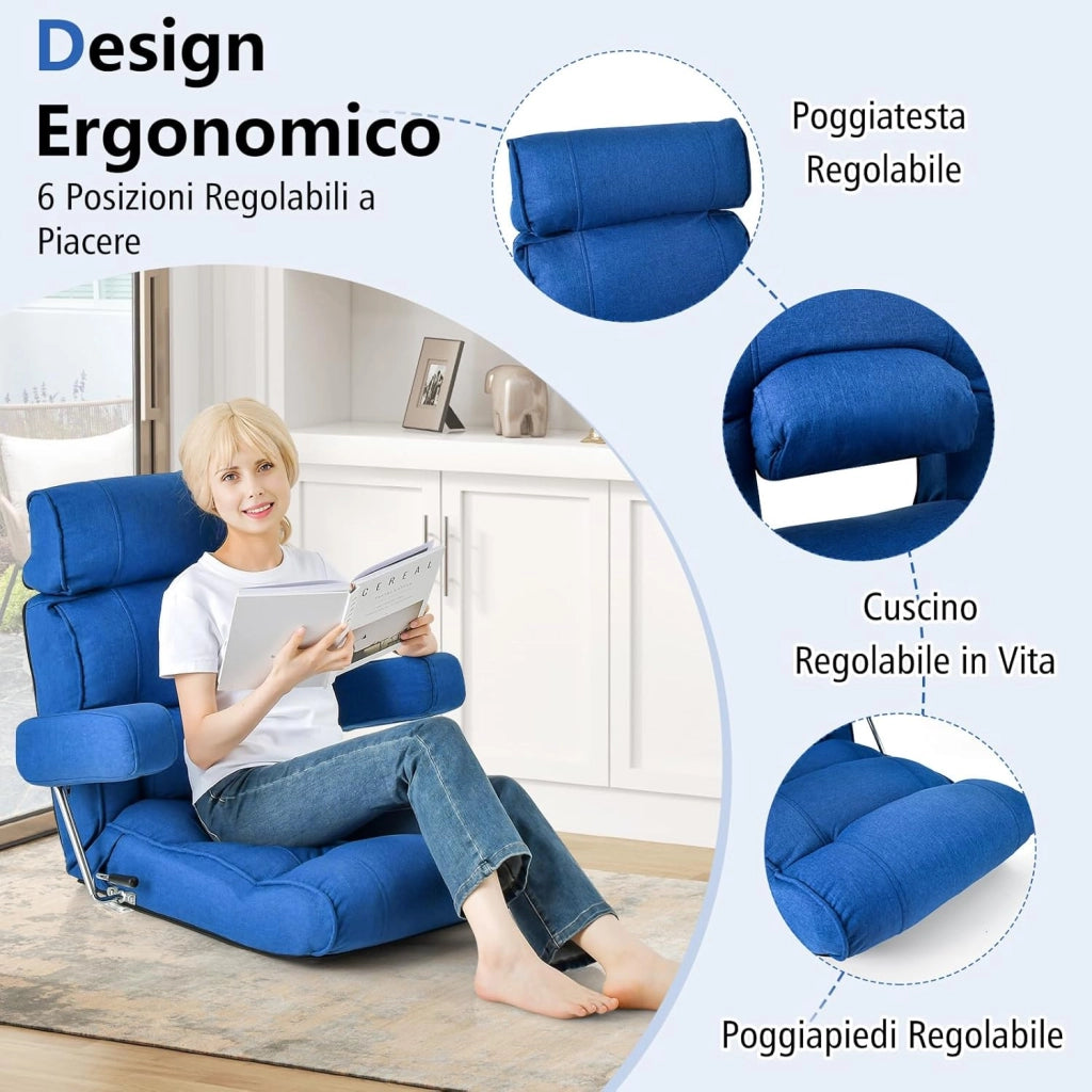 Sedia Divano Pieghevole, Poltrona Letto Singolo con Schienale Regolabile, Poggiatesta Lombare e Poggiapiedi Regolabile a 6 Posizioni, 80 x 72 x 75 cm (Blu)