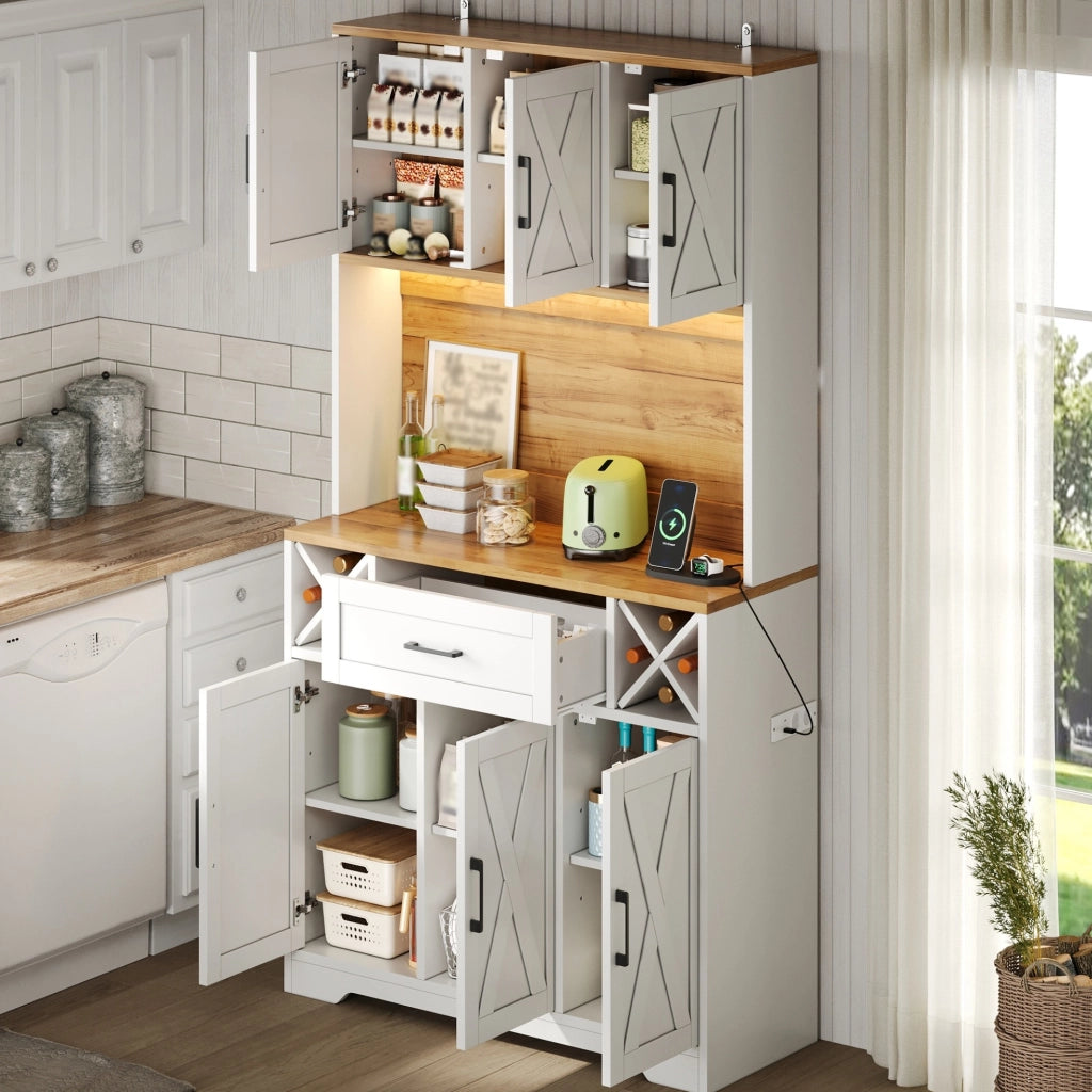 Credenza cucina alta con LED RGB; prese e portasvino; 105x40x180 cm; MDF bianco naturale