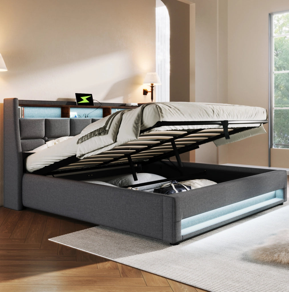 Letto matrimoniale 180x200 cm; LED e USB; contenitore; lino; grigio (Senza materasso)