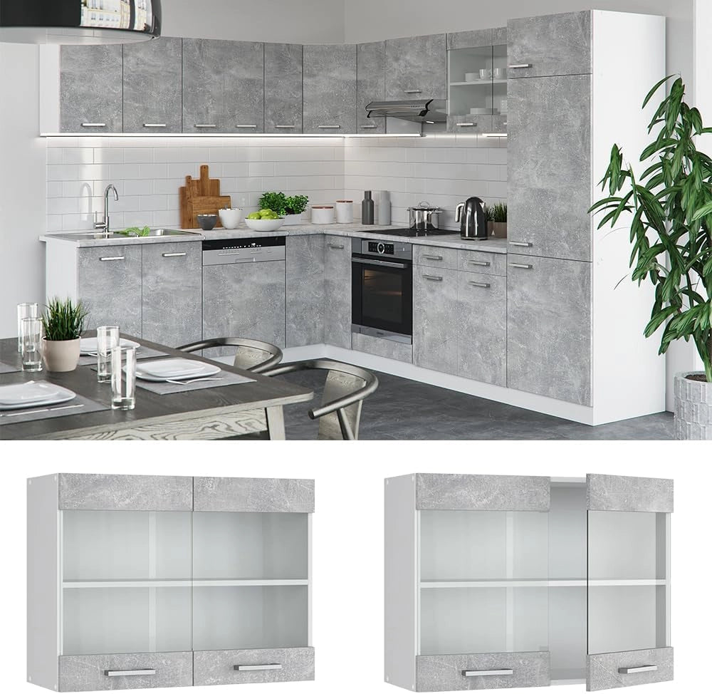 Mobile da cucina in vetro R-Line, Calcestruzzo, 80 cm, per la libera combinazione all'interno di sistemi cucina modulari