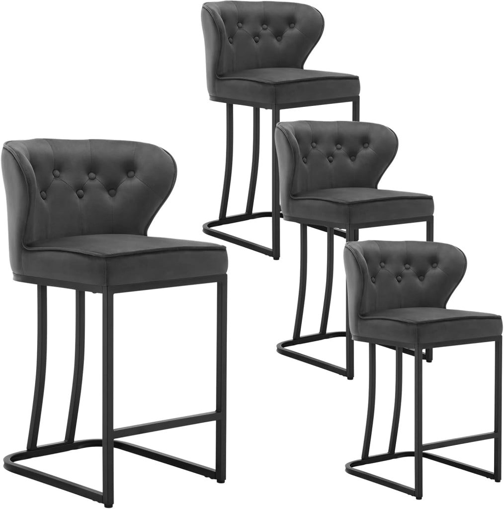 Set di 4 Sgabelli da Bar con Schienale, Sedie Sala da Pranzo con Poggiapiedi, Sedie Ergonomica per Cucina, Camera da Letto, Sgabelli in Velluto e Gambe in Metallo, Grigio Scuro, BH383dgr-4
