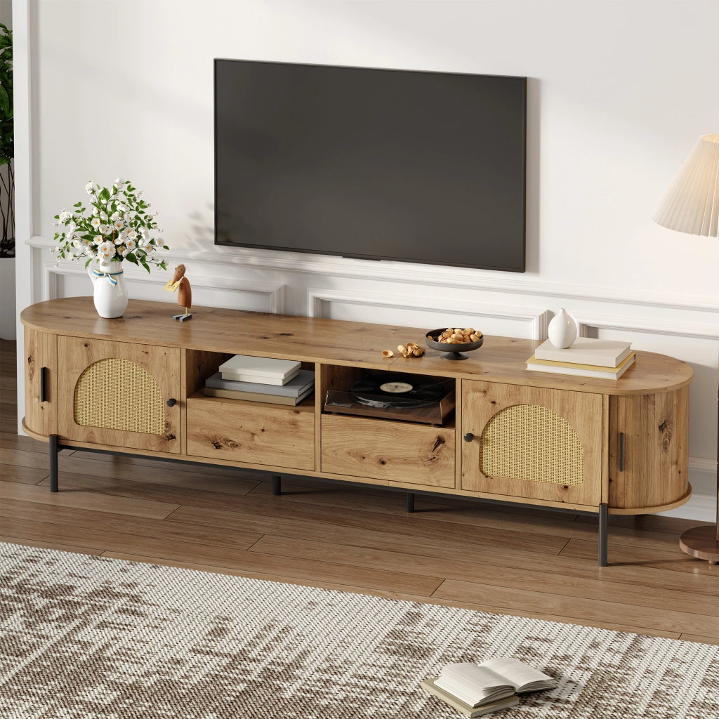Mobile TV Ovale con Ante Scorrevoli in Rattan e Cassetto ¨C MINIMAL ¨C Legno e Metallo