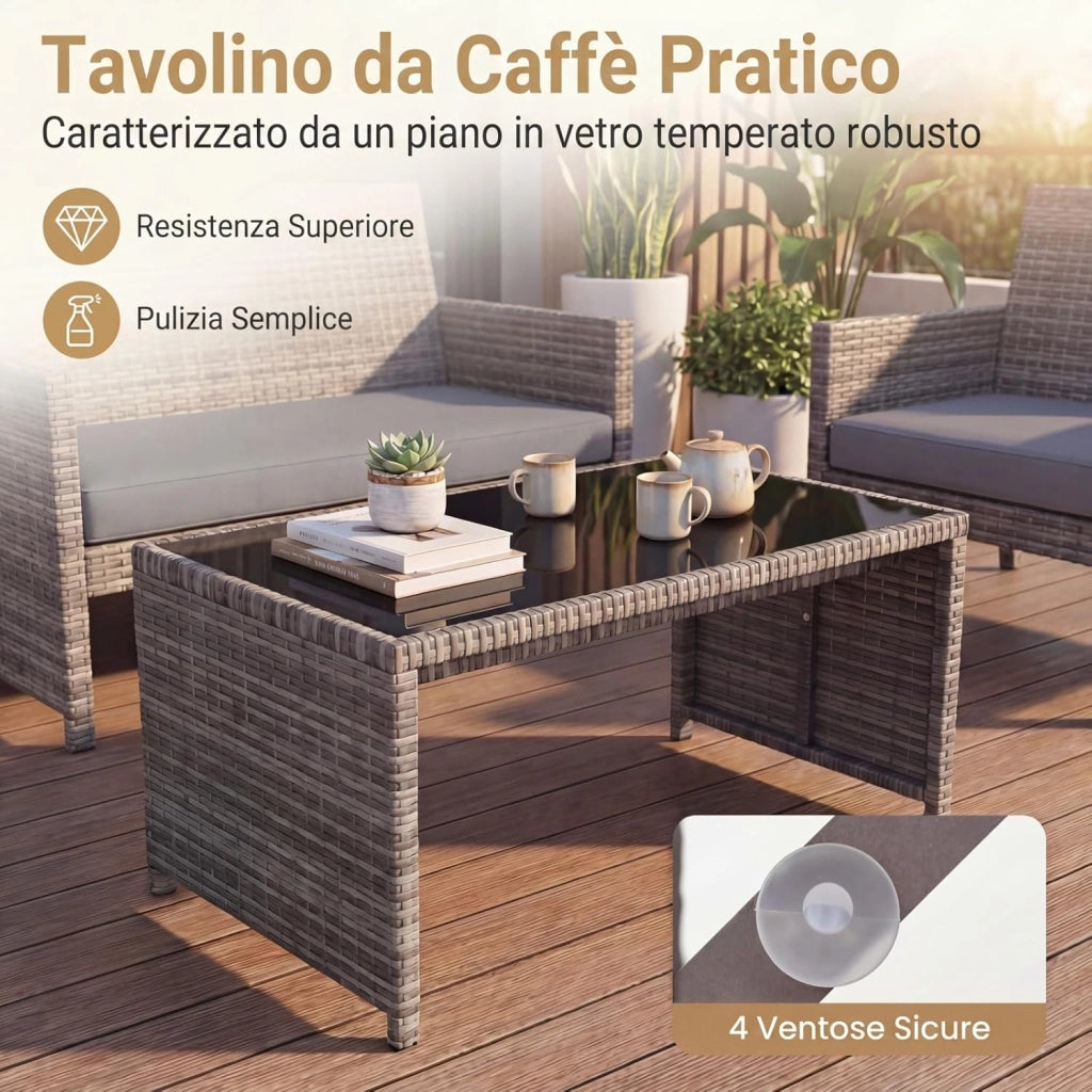 Set Mobili da Giardino in Rattan PE, Divano a 2 Posti e 2 Poltrone con Cuscini Comfort, Tavolino con Piano in Vetro, Arredo da Esterno per 4 Persone per Patio, Balcone, Cortile (Grigio+Grigio)