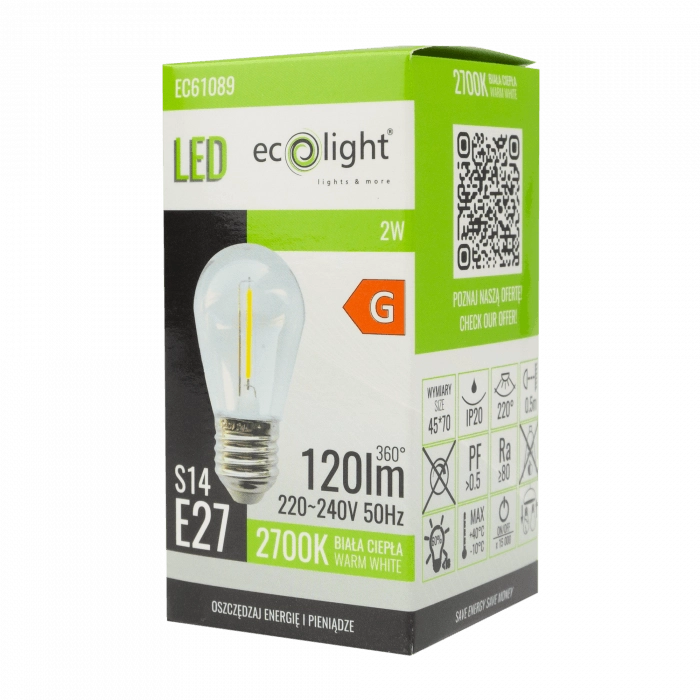 Lampadina LED filament S14 E27 2W 2700K 120lm Ecolight