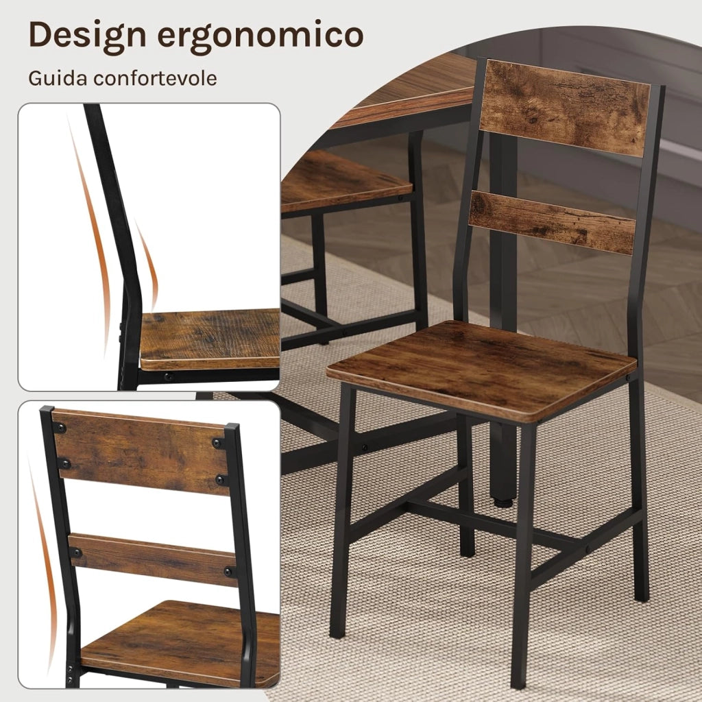 Set 2 Sedie da Pranzo con Schienale, Struttura Metallo e Legno, Design Ergonomico per Cucina/Soggiorno/Balcone, Stile Industriale, Marrone Rustico, K0027EZS-2