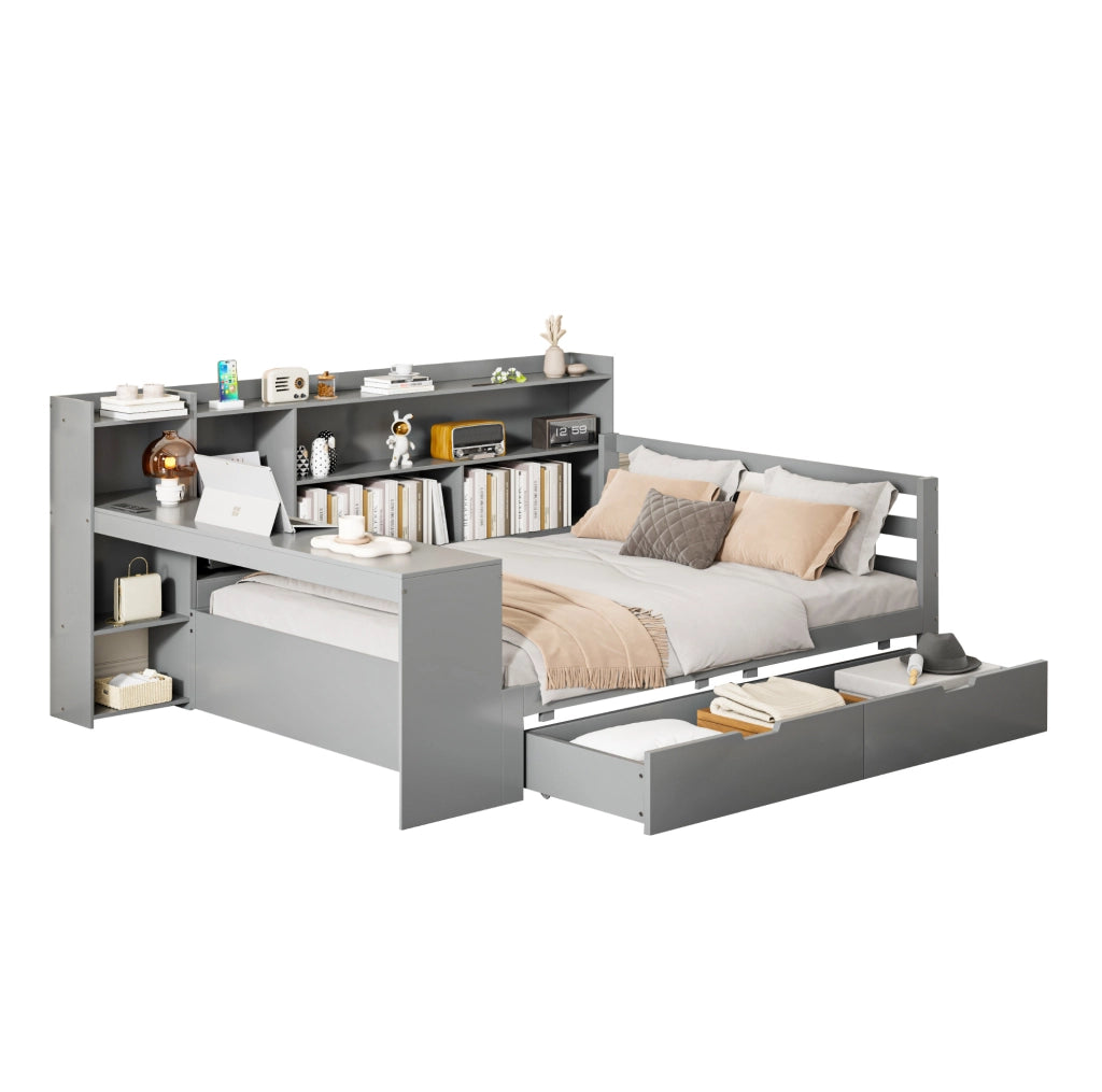Divano letto multifunzione 140x200 cm con scrivania; libreria; 2 cassetti e prese USB; grigio