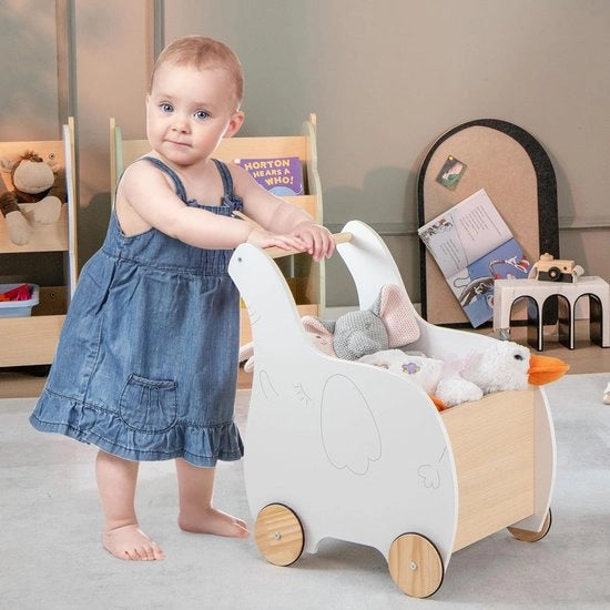 Carrello a due in uno in legno con spazio di stoccaggio, cassettino per giocattoli, carrello, carrello, giocattolo da traino per bambini, carrello per bambini, ragazzi e ragazze (bianco - elefante)