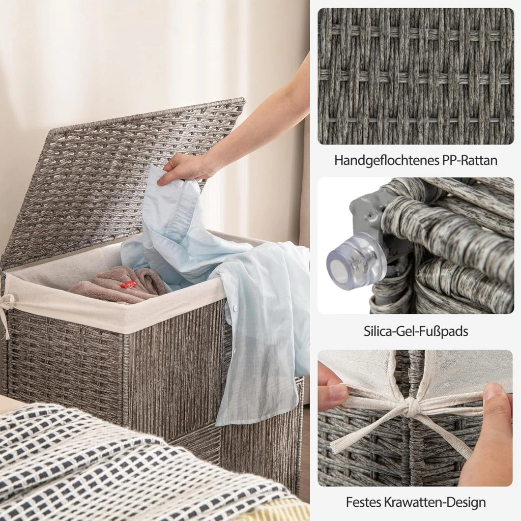 Cesto portabiancheria con coperchio, 110 l, in rattan con tasca interna in 2 parti, design pieghevole e pratici manici, cestino per vestiti in tessuto a mano, per lavanderia e bagno, grigio