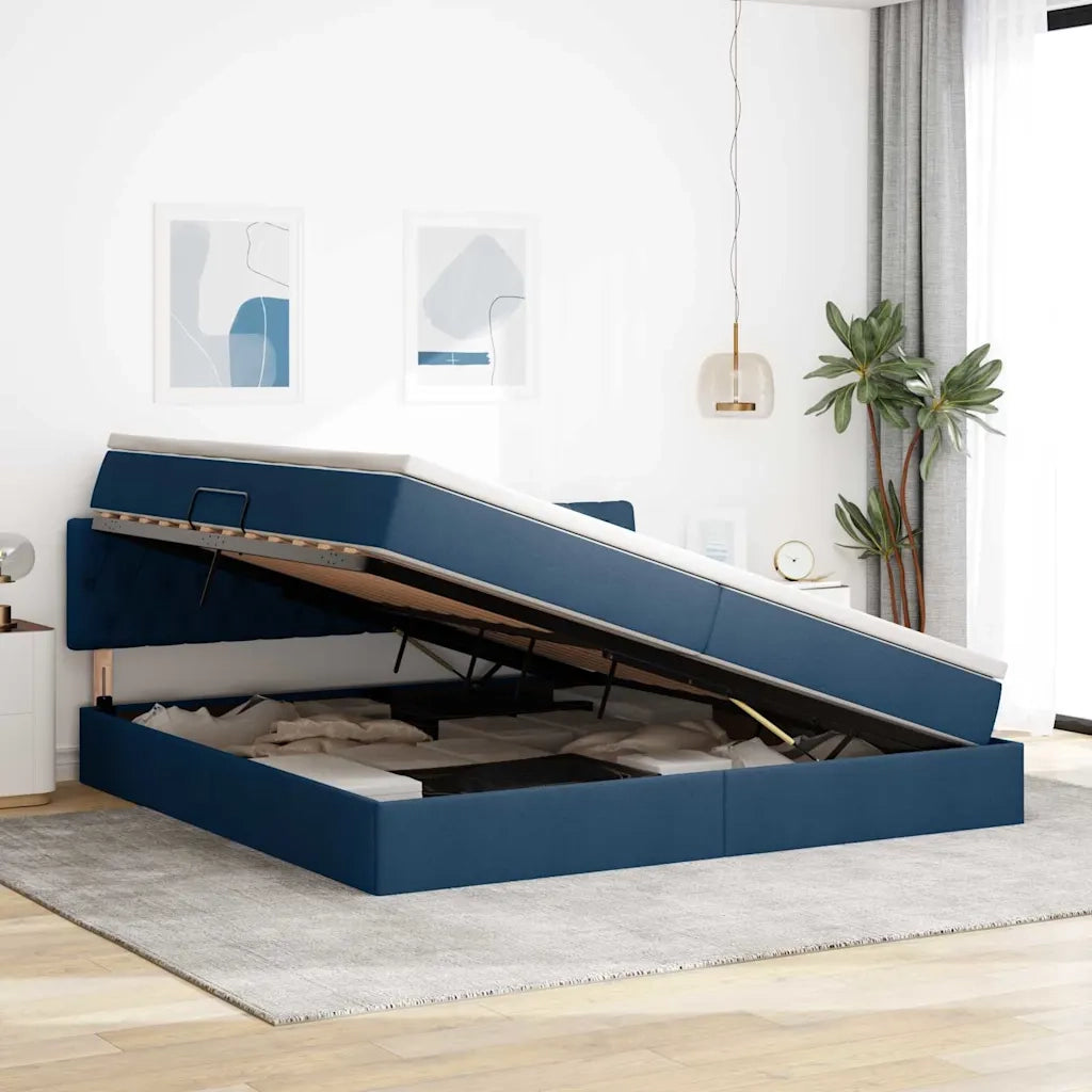 Letto con contenitore e materasso con testiera Blu 200 x 200 cm 3370598