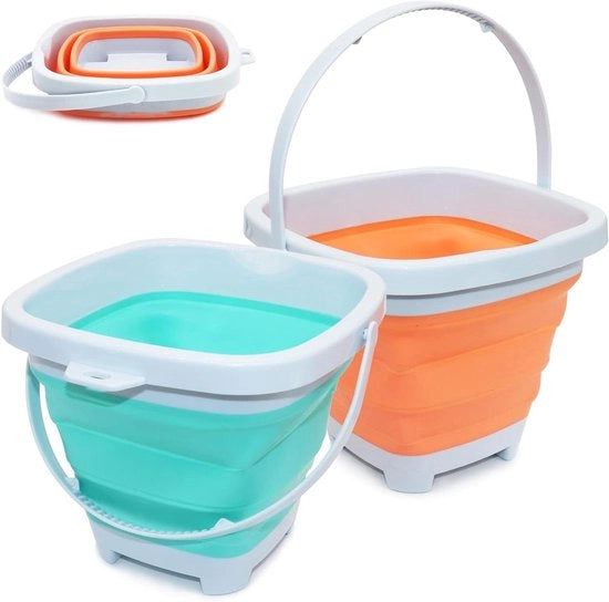 Set di 2 Secchi Emersivi Opachi Blu e Arancione in Silicone con Manico per Sabbia, Campeggio, Esterno, Lavaggio, Viaggi, Giardinaggio