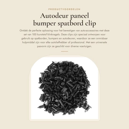 Clip 100 Stuks - Viti a Clip per Plastica - Forma Universale - Leggero - Accessori per Auto - Per Bumper/Porta/Lanterna - Viti a Clip