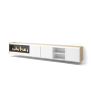 Mobile TV Soggiorno, 315x50x35 cm, Per TV fino a 80", Camino elettrico XXL, Sospeso, da appendere, Bianco e Rovere soft