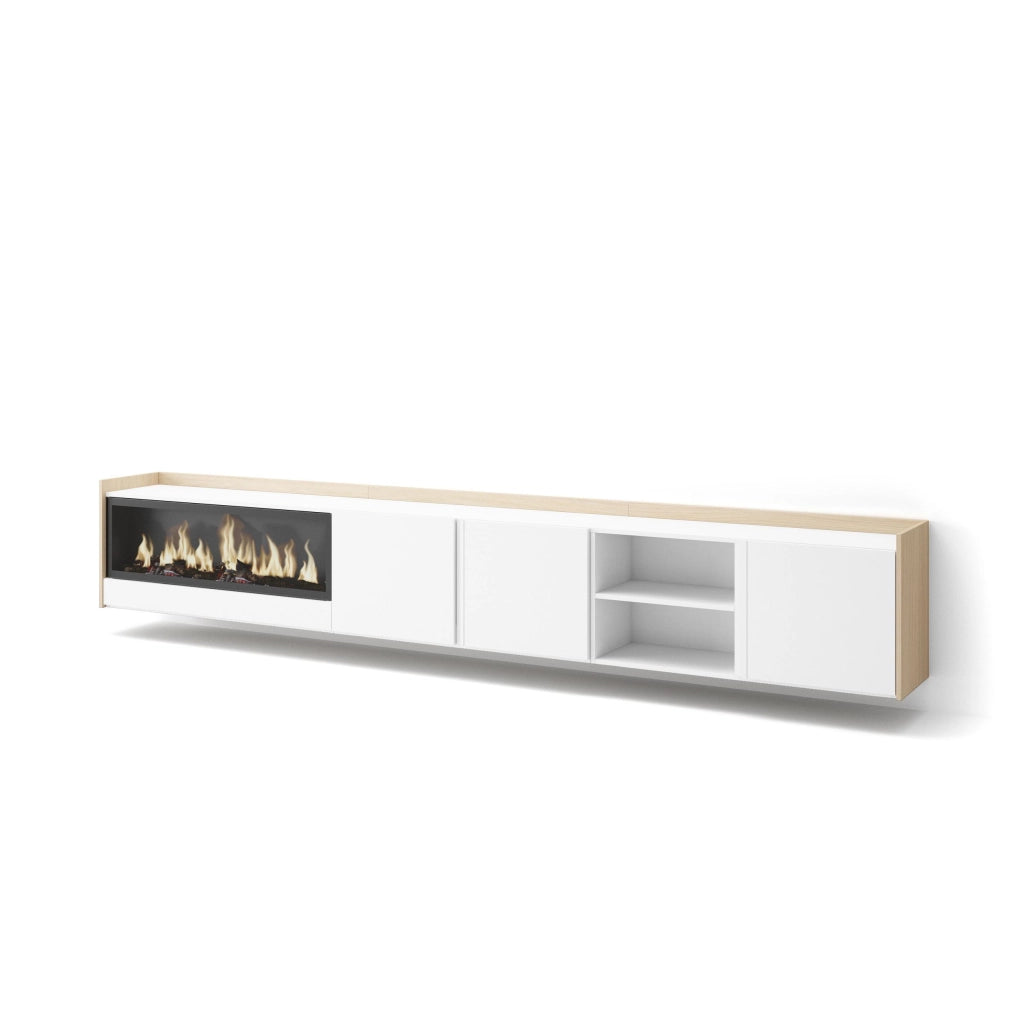 Mobile TV Soggiorno, 315x50x35 cm, Per TV fino a 80", Camino elettrico XXL, Sospeso, da appendere, Bianco e Rovere soft